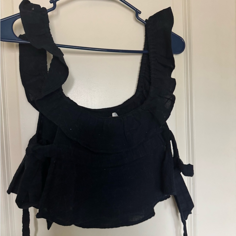 Free People Black Flutter Sleeve Tank Top with Ruffled Tie Front